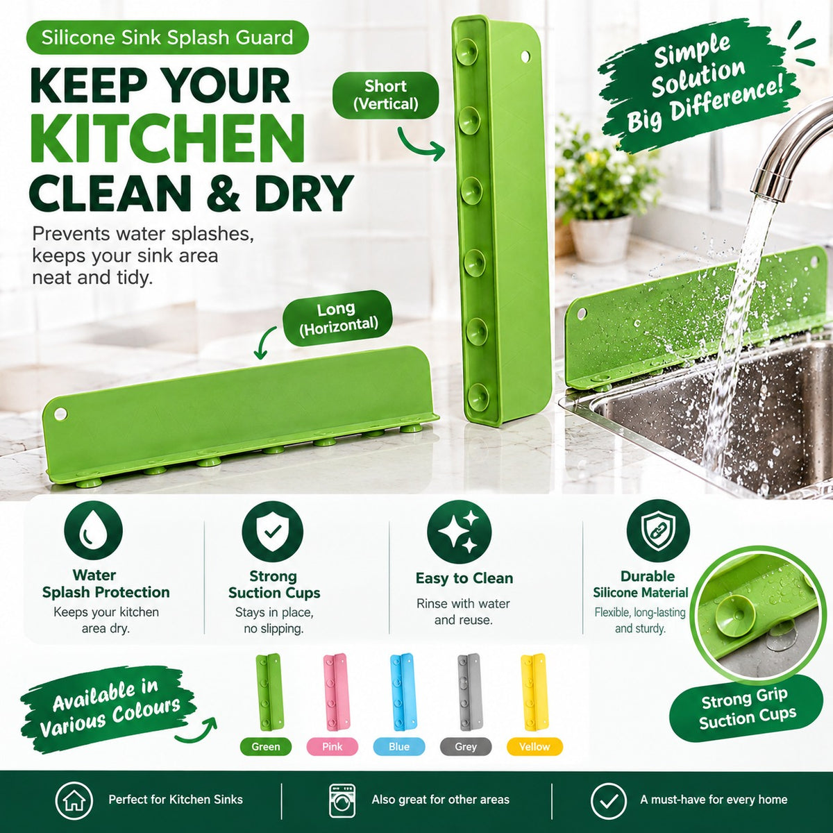 Silicone Sink Splash Guard – Anti-Spill Faucet Stopper, Flexible Oil-Proof Water Baffle Plate with Strong Suction Cups-Random Colour