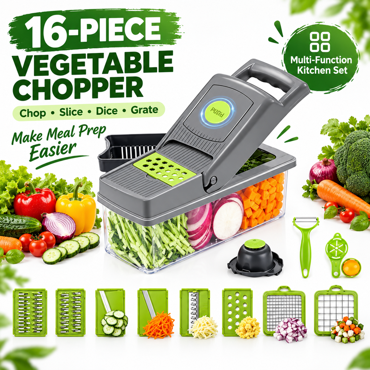 Vegetable Chopper 16 Pcs Set – Manual Onion Chopper, Food Slicer, Dicer, Grater & Potato Cutter with Handle – Multi-Function Kitchen Tool