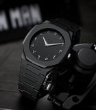 Black Minimalist Analog Wrist Aura Watch With Stainless Steel Strap And Butterfly Lock